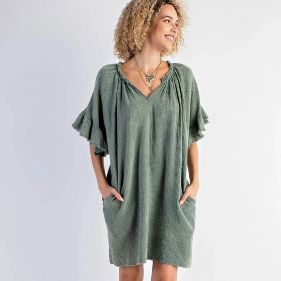 New! Easel Green Mineral Washed Cotton Gauze Dress - Picture 6 of 6